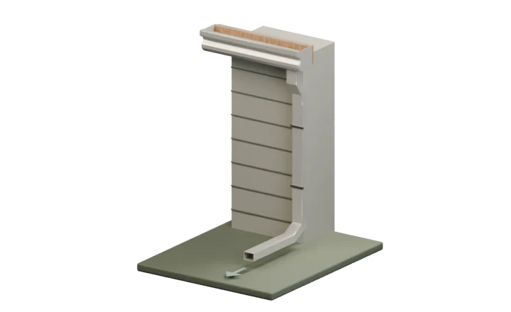 Downspout, elbows, and extension carrying water away from a house foundation.