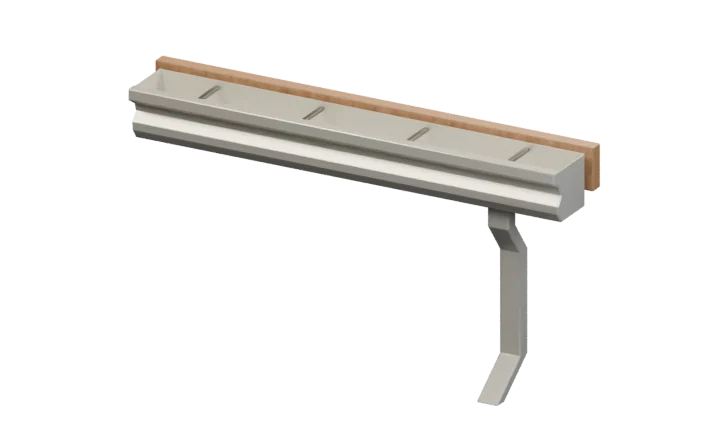 Continuous aluminum gutter run with end caps, hidden hangers, and a downspout.