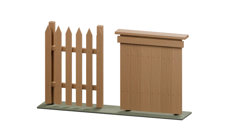 Two cedar fence styles: spaced pointed pickets, and solid boards finished with face trim and a continuous top cap.